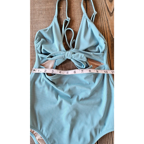 Shade & Shore Womens One Piece Swimsuit Small Blue Ribbed Knit Cutout Tie Beach - Picture 6 of 8